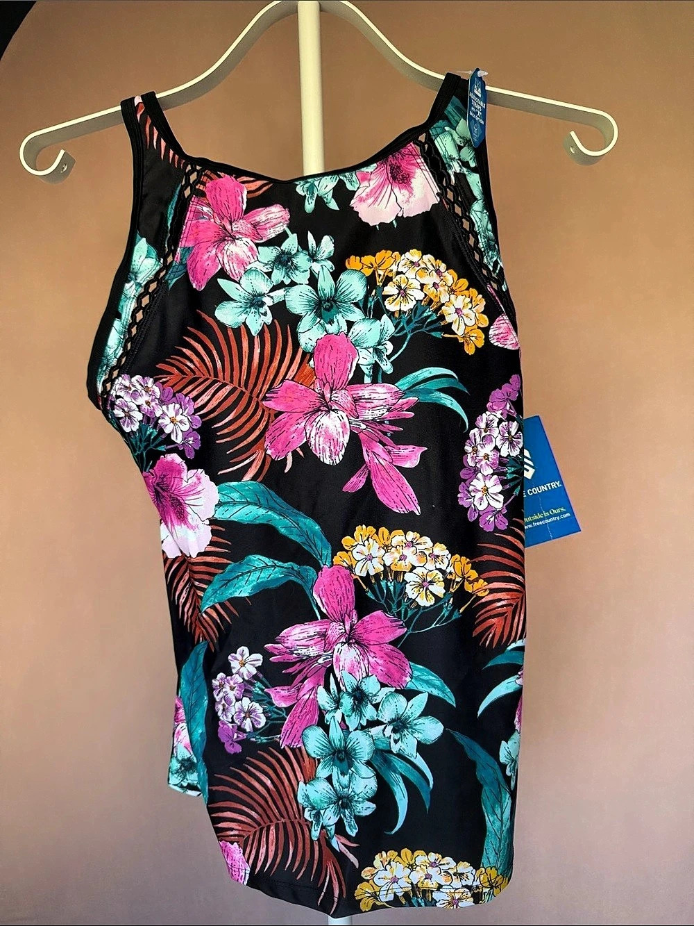 Free Country Floral Swimsuit tankini in Black & Pink Size Medium NWT